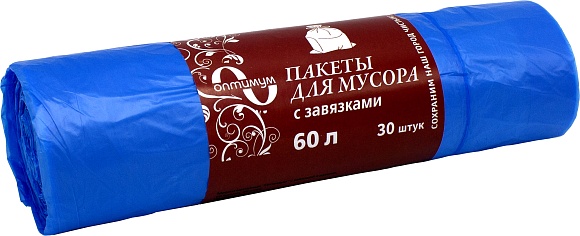 Мешки мусорные ПНД 60л  (10) С завязкой в рулонах (по 30 шт) (голубой) Оптимум (х1/32) [упаковка]